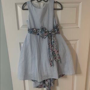 Rare Editions Light Blue Seersucker Dress with Floral Sash